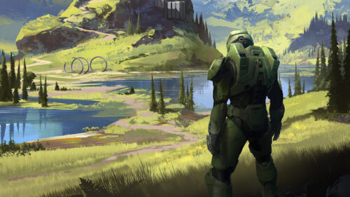 Master Chief Standing in Halo Infinite Landscape Desktop Wallpaper