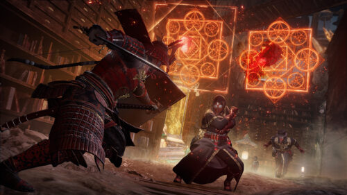 Samurai Combat against Occult Casters in Library Desktop Wallpaper
