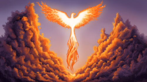 Fiery Mythical Bird Ascending at Sunset Desktop Wallpaper