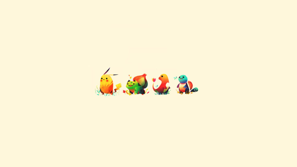 Minimalist Pokemon Character Trio and Pikachu Desktop Wallpaper