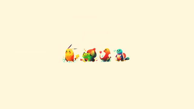 Minimalist Pokemon Character Trio and Pikachu Desktop Wallpaper