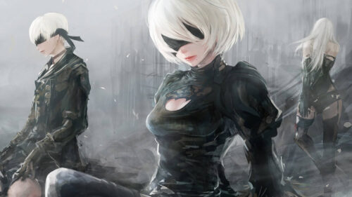 NieR Automata 2B and 9S Trio Abstract Art Desktop Wallpaper