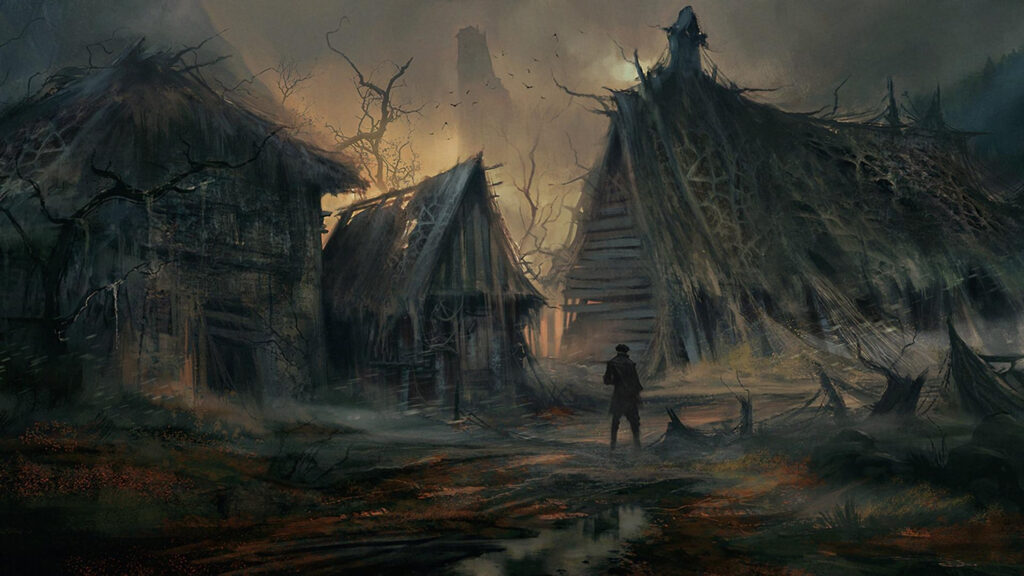 Eerie Dark Fantasy Village Landscape 4K Wallpaper