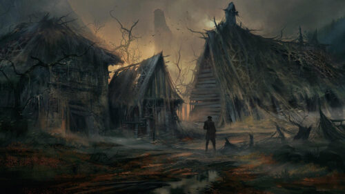 Eerie Dark Fantasy Village Landscape 4K Wallpaper