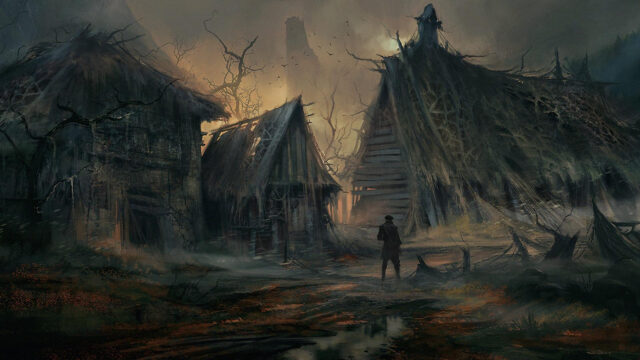 Eerie Dark Fantasy Village Landscape 4K Wallpaper
