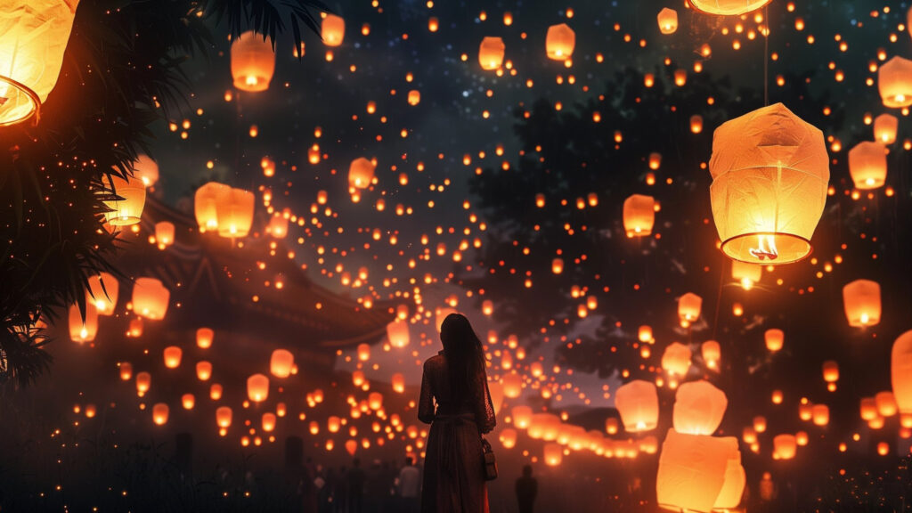 Serene Sky Lanterns Festival at Night Desktop Wallpaper