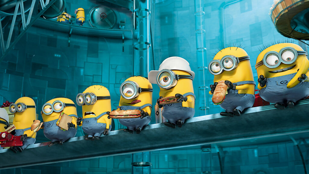 Minions Eating Lunch on a Steel Beam Desktop Wallpaper