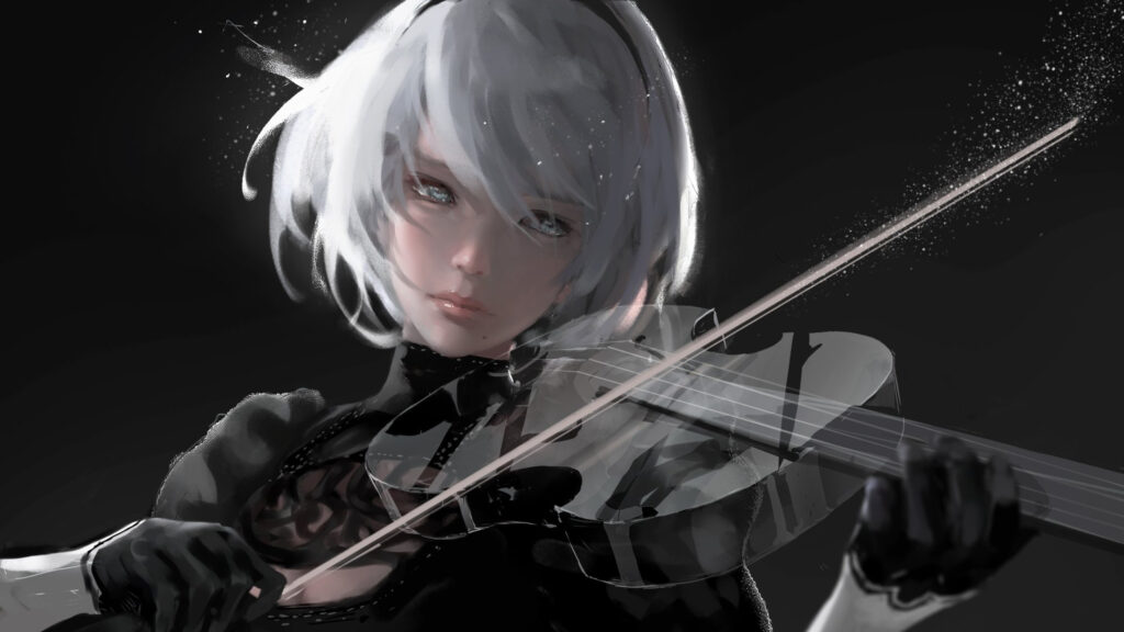 Ethereal 2B Playing a Violin Minimalist Desktop Wallpaper