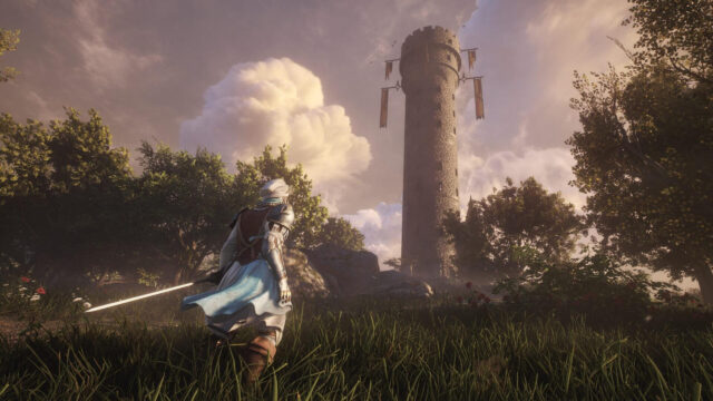 Fantasy Warrior and Ancient Stone Tower Desktop Wallpaper