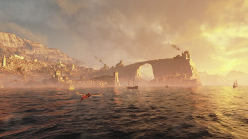 Coastal Fantasy Cityscape and Flying Bird Desktop Wallpaper