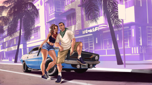 Couple Posing by Retro Muscle Car Desktop Wallpaper