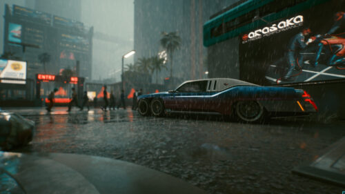 Cyberpunk Rain Street Car Desktop Wallpaper