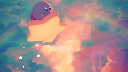 Pink Kirby Riding a Warp Star Through Dreamy Clouds Desktop Wallpaper