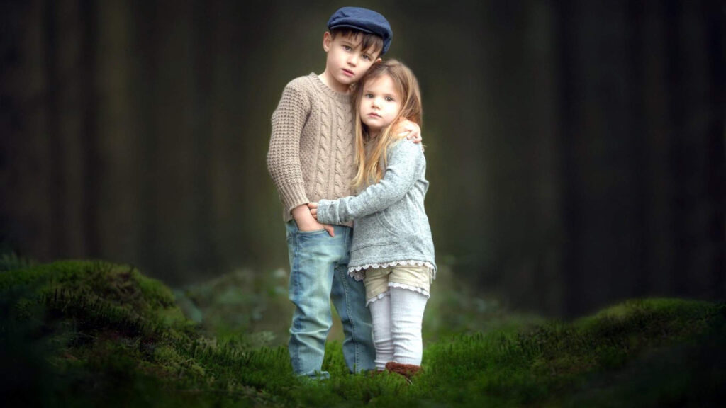 Children Standing in Forest Landscape 4K Desktop Wallpaper