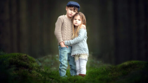Children Standing in Forest Landscape 4K Desktop Wallpaper
