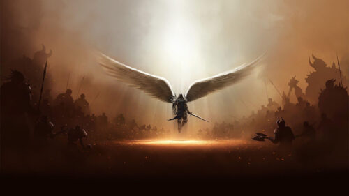 Epic Angelic Warrior Facing Shadowy Legion Desktop Wallpaper