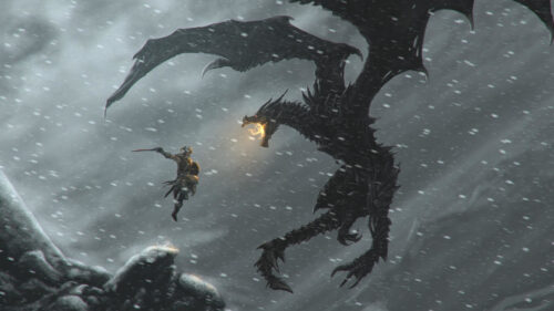 Dragonborn vs Alduin in Snowy Peaks PC Wallpaper