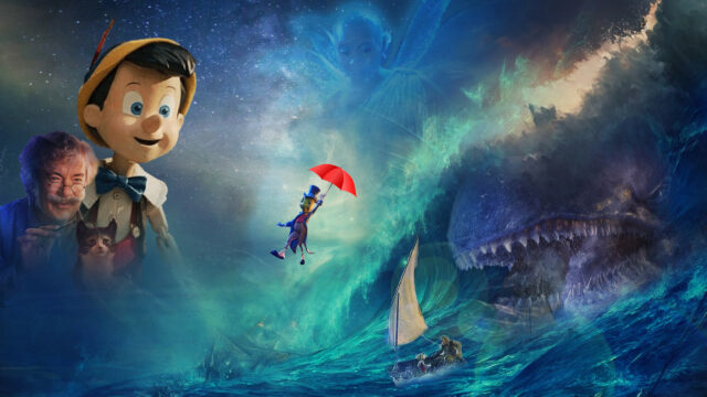 Pinocchio Movie Scene with Geppetto and Monstro Desktop Wallpaper