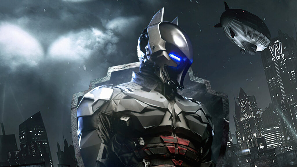 Arkham Knight Tactical Suit Dark City Scene 4K Wallpaper