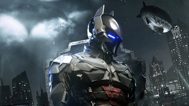 Arkham Knight Tactical Suit Dark City Scene 4K Wallpaper