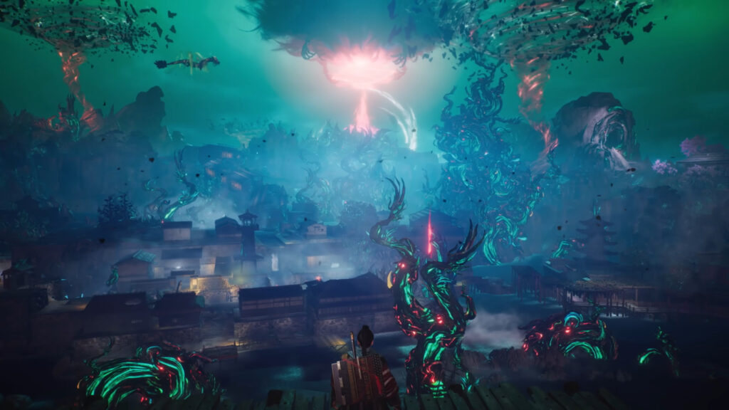 Ethereal Samurai World Under Cosmic Corruption Desktop Wallpaper
