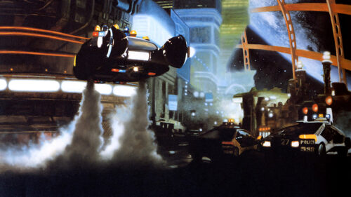 Cyberpunk Futuristic Police Vehicle Pursuit Desktop Wallpaper