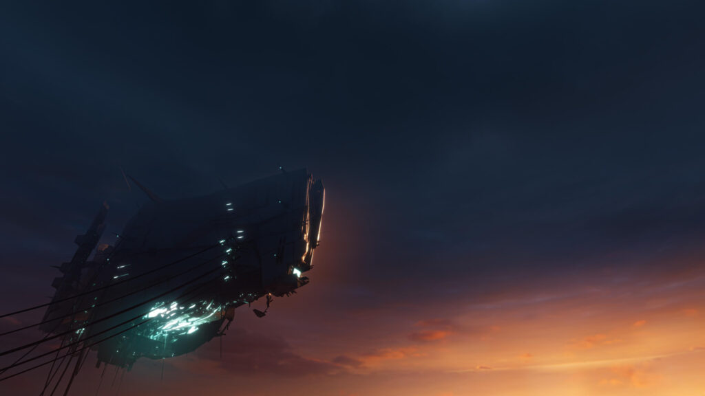 Sci-Fi Alien Megastructure Hovering at Sunset Desktop Wallpaper