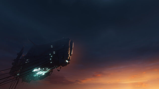 Sci-Fi Alien Megastructure Hovering at Sunset Desktop Wallpaper