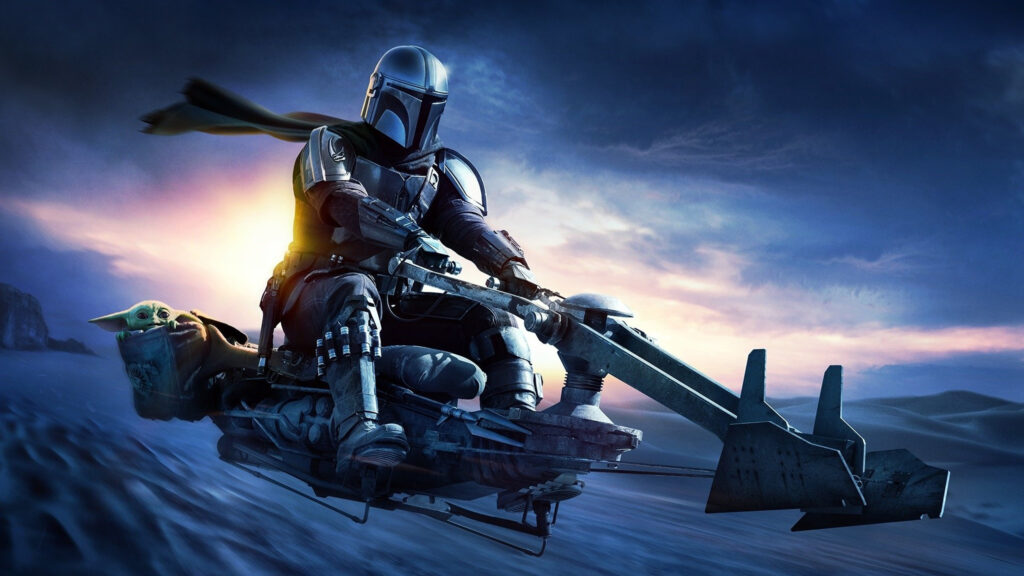 The Mandalorian Riding a Speeder Bike 4K Desktop Wallpaper