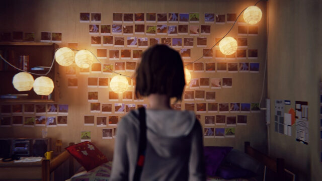 Back of Girl Looking at Photo Wall Desktop Wallpaper