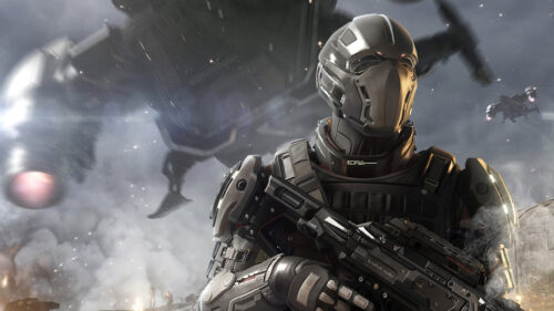 Sci-Fi Soldier Standing Before Military Aircraft Desktop Wallpaper