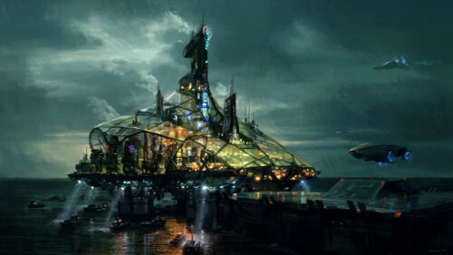 Futuristic Ocean City Concept Art 4K Wallpaper