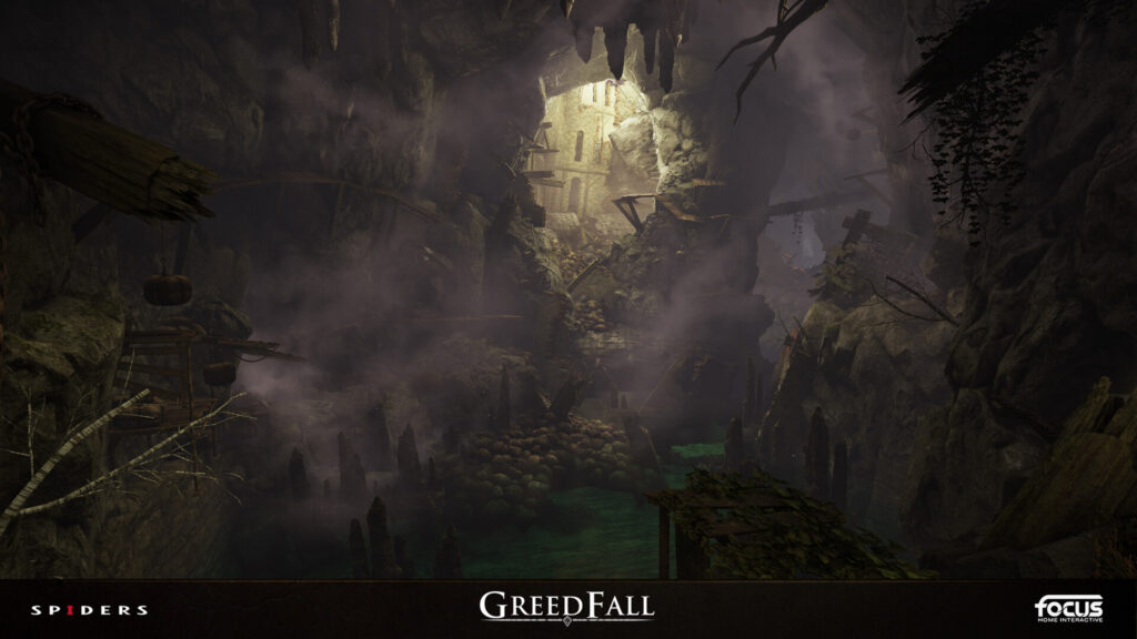 Grim Foggy Cave Interior Desktop Wallpaper
