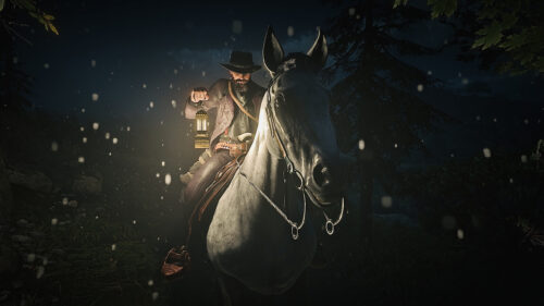 Arthur Morgan Riding in Snowy Night Red Dead Redemption 2 4K Wallpaper