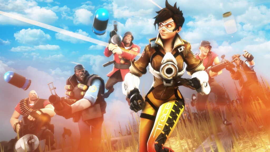 Tracer and Team Fortress 2 Characters Desktop Wallpaper