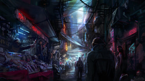 Cyberpunk Street Market Night Scene Desktop Wallpaper
