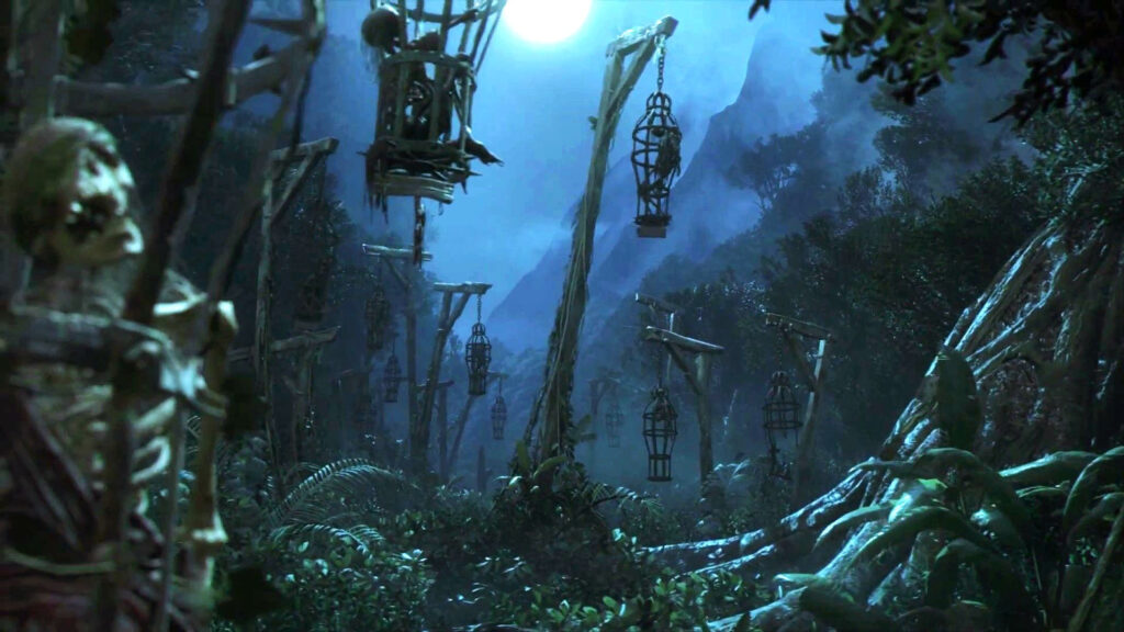 Eerie Jungle Hanging Cages Dark Fantasy Desktop Wallpaper