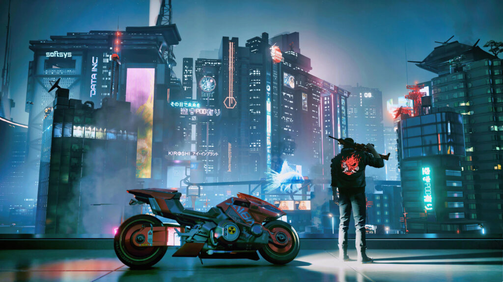 Futuristic Motorcycle Rider Overlooking a Neon Cityscape PC Wallpaper