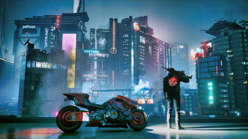 Futuristic Motorcycle Rider Overlooking a Neon Cityscape PC Wallpaper
