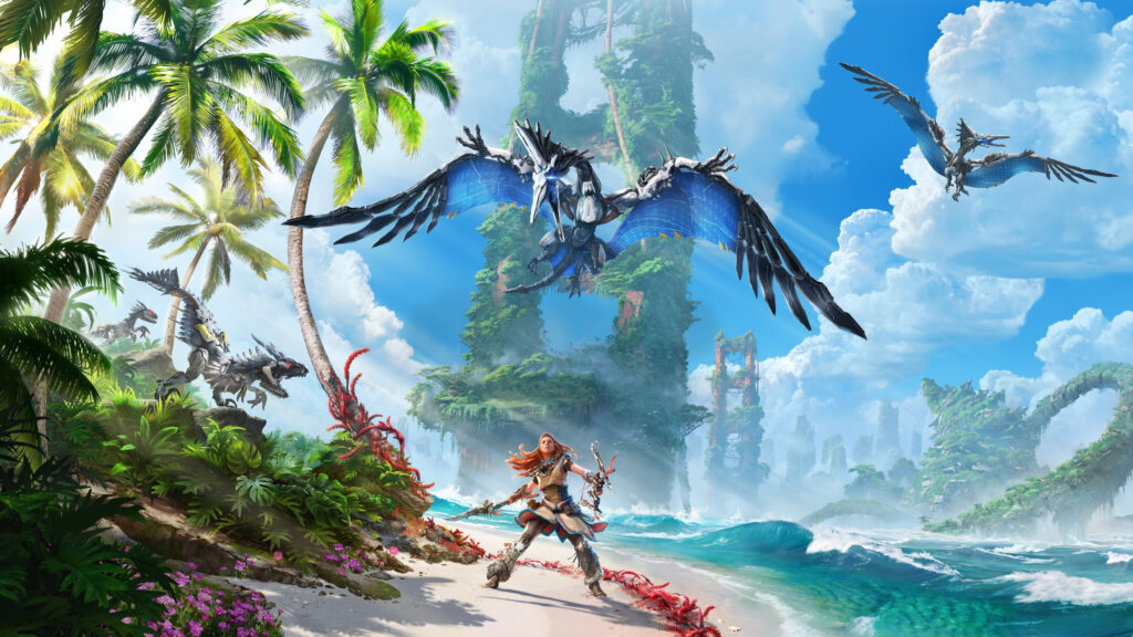 Aloy Facing Machines on Tropical Beach Desktop Wallpaper