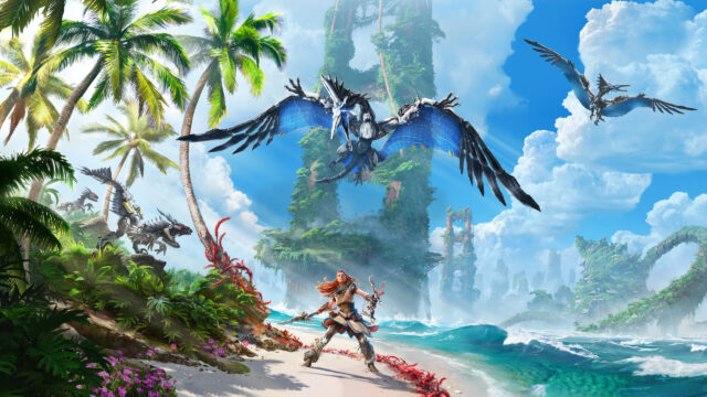 Aloy Facing Machines on Tropical Beach Desktop Wallpaper