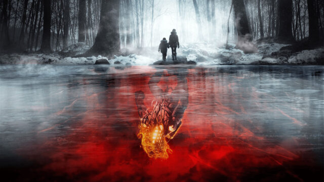 Surreal Winter Forest Red Ice Reflection 4K Wallpaper