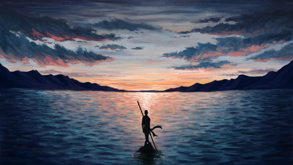 Lone Warrior at Sunset Horizon Desktop Wallpaper