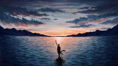 Lone Warrior at Sunset Horizon Desktop Wallpaper