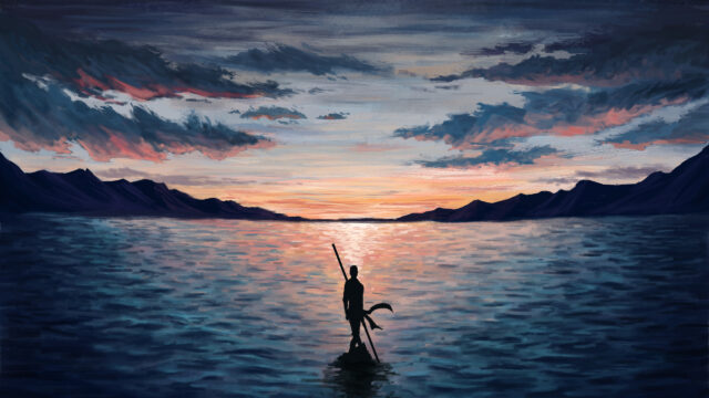 Lone Warrior at Sunset Horizon Desktop Wallpaper