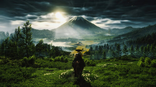 Lone Samurai Riding Toward a Majestic Volcano Desktop Wallpaper