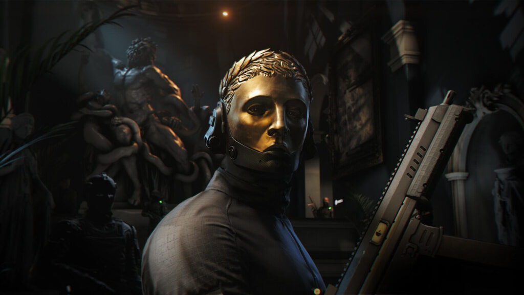 Golden Masked Operative in Classical Hallway Desktop Wallpaper