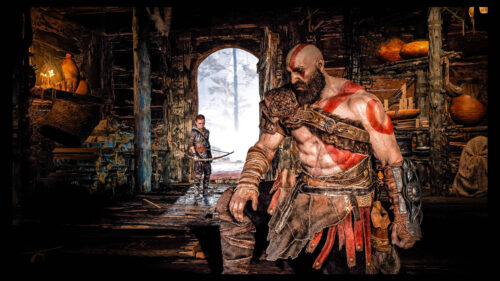 God of War Kratos and Atreus Cabin Scene Desktop Wallpaper