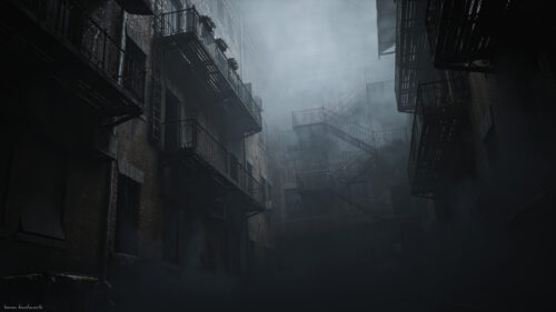 Atmospheric Foggy Urban Alleyway Desktop Wallpaper