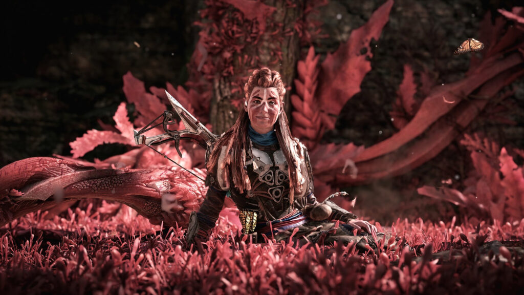 Aloy Seated Among Crimson Foliage 4K Desktop Wallpaper